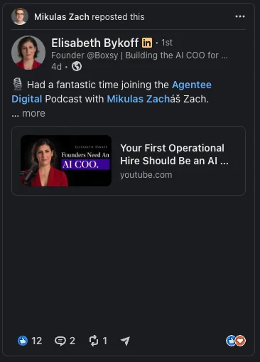 LinkedIn repost from Elisabeth Bykoff about their Trust Leaders episode