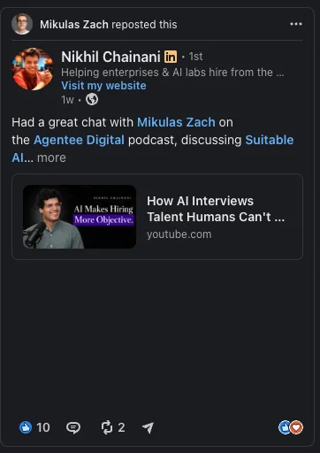 LinkedIn repost from Nikhil Chainani about their Trust Leaders episode