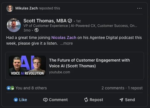 LinkedIn repost from Scott Thomas, MBA about their Trust Leaders episode